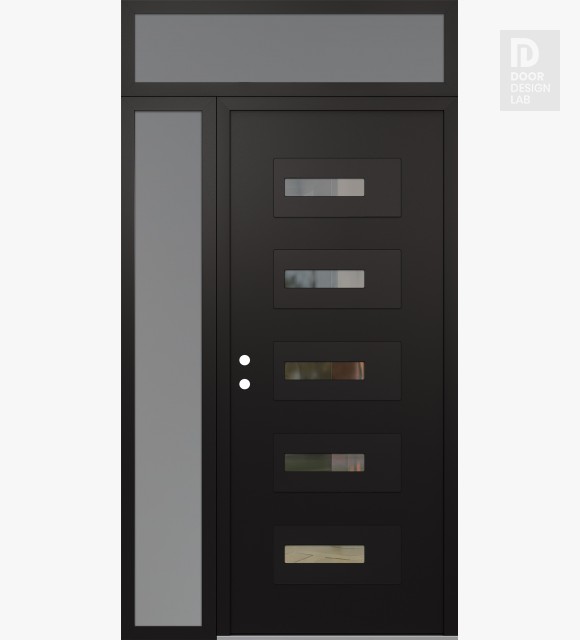 Modern Steel Front Door Diamond D6 52" x 96" black/black clear Glass Panel black RHI with Sidelite and Transom frosted Glass