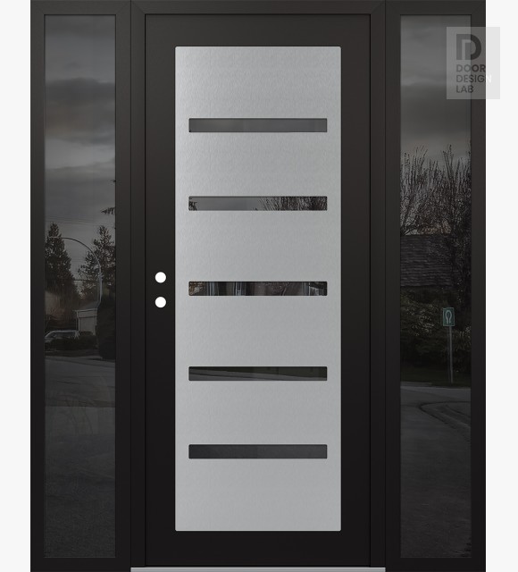 Modern Steel Front Door Diamond C7 64" x 80" black/black mirrored Glass Panel stainless steel RHI with 2 Sidelites mirrored Glass