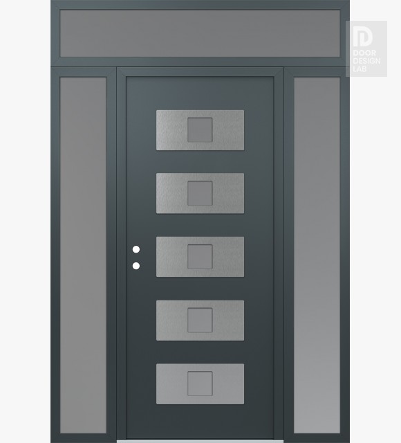 Modern Steel Front Door Diamond D8 68" x 96" anthracite/anthracite frosted Glass Panel stainless steel RHI with 2 Sidelites and Transom frosted Glass