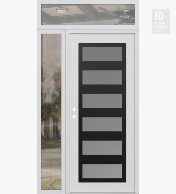 Modern Steel Front Door Diamond C9 48" x 96" white/white frosted Glass Panel black RHI with Sidelite and Transom clear Glass