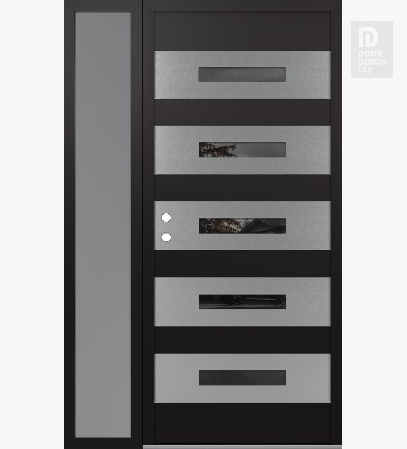 Modern Steel Front Door Diamond D9 48" x 80" black/black mirrored Glass Panel stainless steel RHI with Sidelite frosted Glass