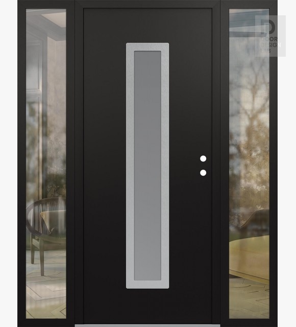 Modern Steel Front Door DIAMOND A11 64" X 80" BLACK/WHITE FROSTED GLASS PANEL STAINLESS STEEL LHI WITH 2 SIDELITES CLEAR GLASS