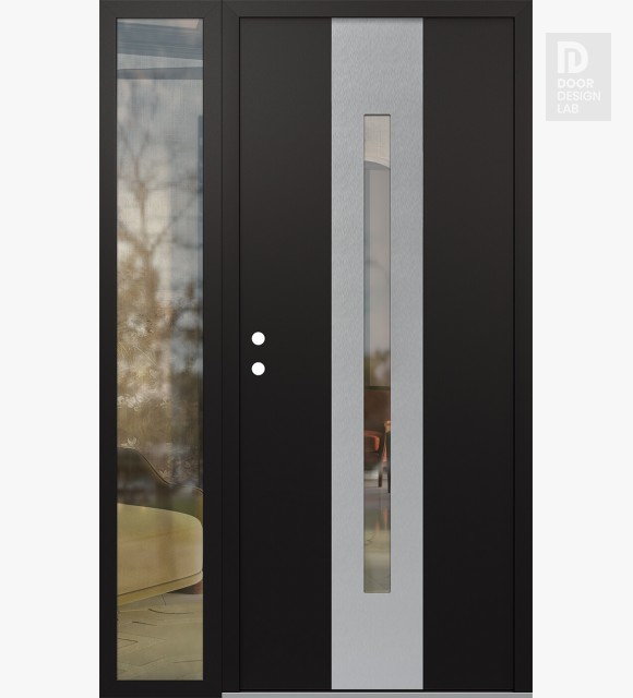 Modern Steel Front Door DIAMOND A2 48" X 80" BLACK/BLACK CLEAR GLASS PANEL STAINLESS STEEL RHI WITH SIDELITE CLEAR GLASS