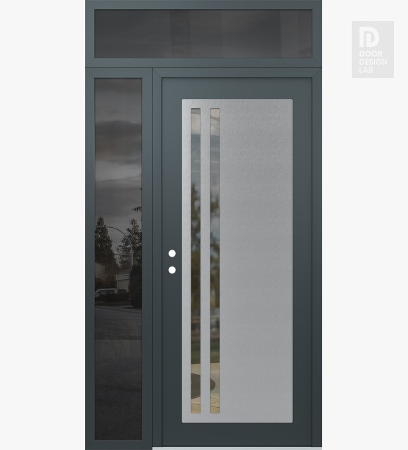 Modern Steel Front Door Diamond C6 52" x 96" anthracite/anthracite clear Glass Panel stainless steel RHI with Sidelite and Transom mirrored Glass