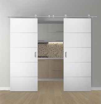 DOUBLE BARN DOOR OPTIMA 4H SNOW WHITE 64" X 96" X 1 3/4" SOLID CORE STAINLESS STEEL HARDWARE