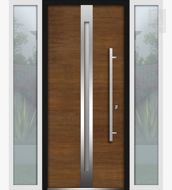 Front Exterior Prehung Steel Door / Deux 1744 Natural Oak / 2 Side Exterior White Windows / Stainless Inserts Single Modern Painted-W16+36+16" x H80"-Left-hand Inswing