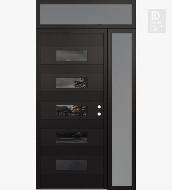Modern Steel Front Door Diamond D5 50" x 96" black/black mirrored Glass Panel black LHI with Sidelite and Transom frosted Glass