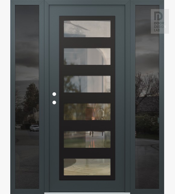 Modern Steel Front Door Diamond C9 68" x 80" anthracite/anthracite clear Glass Panel black RHI with 2 Sidelites mirrored Glass