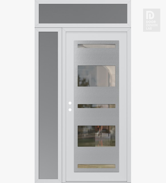Modern Steel Front Door Diamond C10 48" x 96" white/white clear Glass Panel stainless steel RHI with Sidelite and Transom frosted Glass