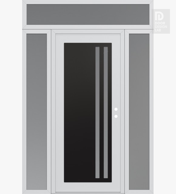 Modern Steel Front Door Diamond C6 64" x 96" white/white frosted Glass Panel black LHI with 2 Sidelites and Transom frosted Glass