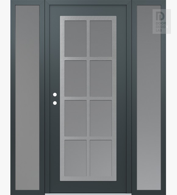Modern Steel Front Door Diamond C16 68" x 80" anthracite/anthracite frosted Glass Panel stainless steel RHI with 2 Sidelites frosted Glass