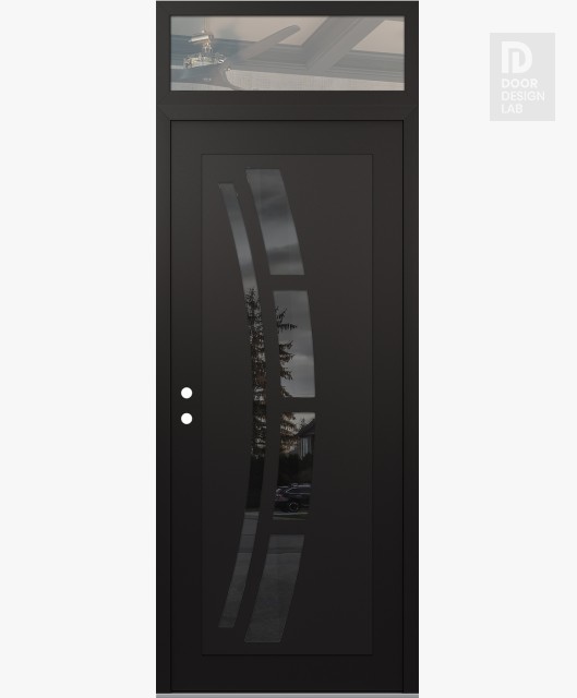 Modern Steel Front Door Diamond C12 36" x 96" black/black mirrored Glass Panel black RHI with Transom clear Glass