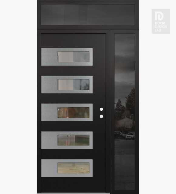 Modern Steel Front Door Diamond D3 50" x 96" black/black clear Glass Panel stainless steel LHI with Sidelite and Transom mirrored Glass