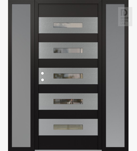 Modern Steel Front Door Diamond D9 64" x 80" black/black clear Glass Panel stainless steel RHI with 2 Sidelites frosted Glass