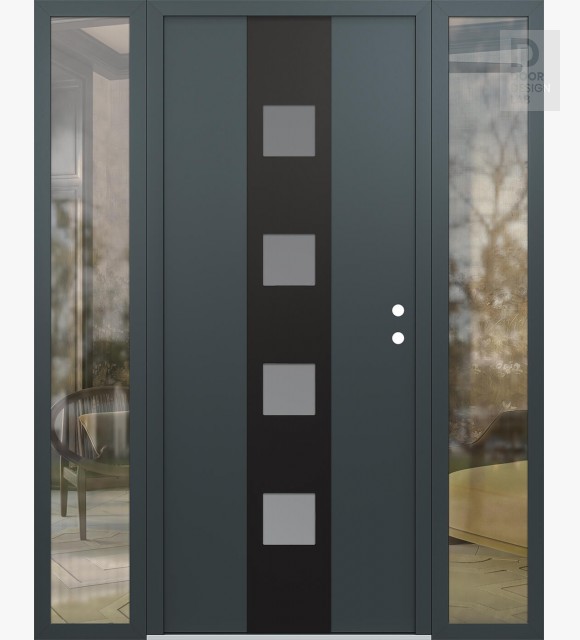 Modern Steel Front Door DIAMOND A12 60" X 80" ANTHRACITE/ANTHRACITE FROSTED GLASS PANEL BLACK LHI WITH 2 SIDELITES CLEAR GLASS