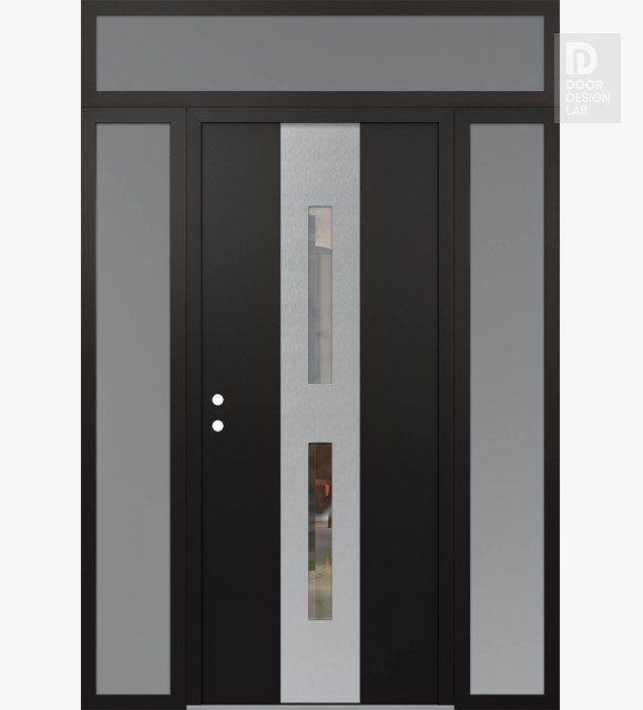 Modern Steel Front Door DIAMOND A6 68" X 96" BLACK/BLACK CLEAR GLASS PANEL STAINLESS STEEL RHI WITH 2 SIDELITES AND TRANSOM FROSTED GLASS