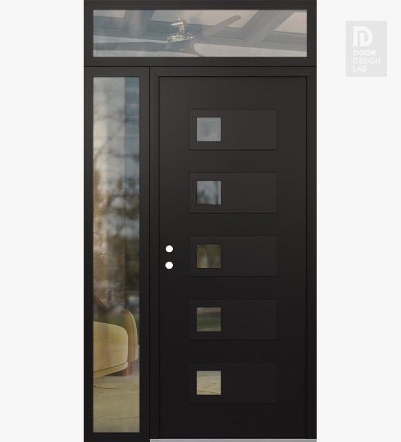 Modern Steel Front Door Diamond D2 48" x 96" black/black clear Glass Panel black RHI with Sidelite and Transom clear Glass