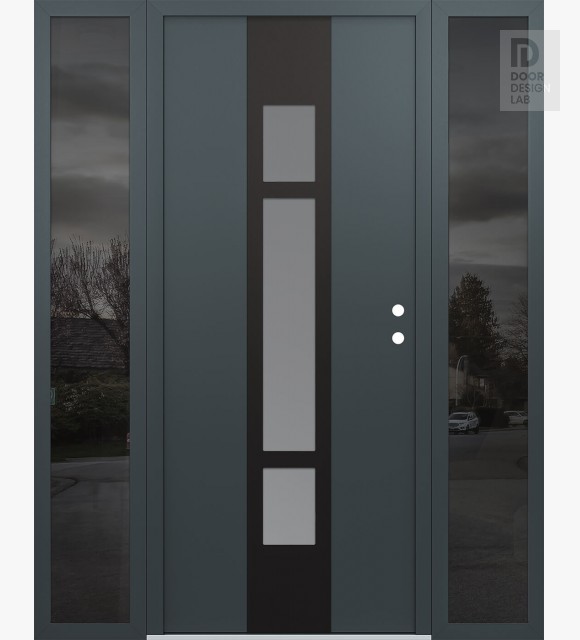 Modern Steel Front Door DIAMOND A9 64" X 80" ANTHRACITE/ANTHRACITE FROSTED GLASS PANEL BLACK LHI WITH 2 SIDELITES MIRRORED GLASS