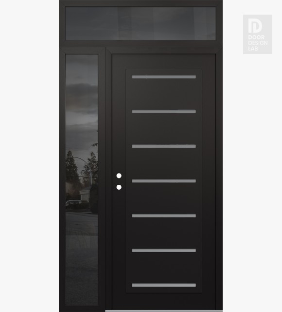 Modern Steel Front Door Diamond C11 52" x 96" black/white frosted Glass Panel black RHI with Sidelite and Transom mirrored Glass