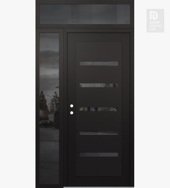Modern Steel Front Door Diamond C7 50" x 96" black/black mirrored Glass Panel black RHI with Sidelite and Transom mirrored Glass
