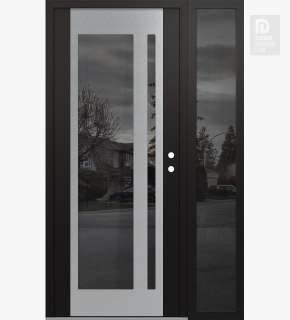 Modern Steel Front Door Diamond C15 52" x 80" black/black mirrored Glass Panel stainless steel LHI with Sidelite mirrored Glass