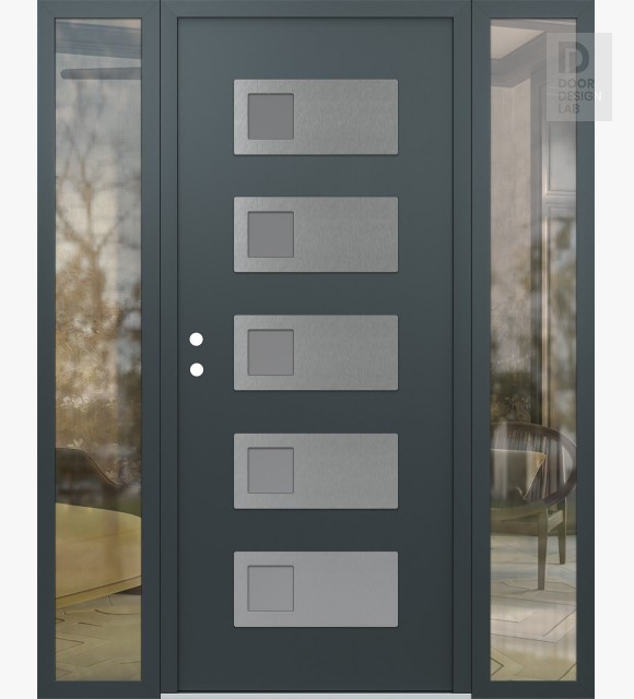 Modern Steel Front Door Diamond D2 60" x 80" anthracite/anthracite frosted Glass Panel stainless steel RHI with 2 Sidelites clear Glass
