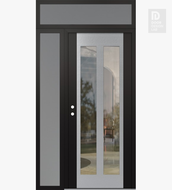 Modern Steel Front Door Diamond C14 50" x 96" black/black clear Glass Panel stainless steel RHI with Sidelite and Transom frosted Glass
