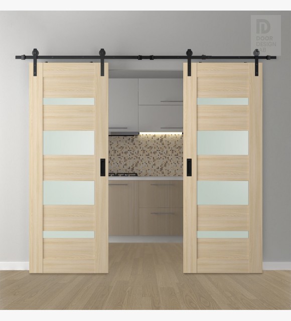 DOUBLE BARN DOOR AVON 07-01 VETRO LOIRE ASH 48" X 80" X 1 3/4" BLACK HARDWARE