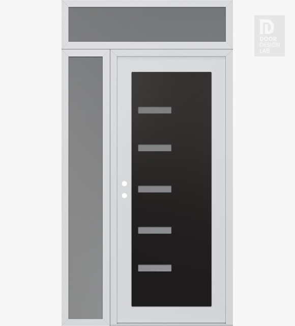 Modern Steel Front Door Diamond C8 52" x 96" white/white frosted Glass Panel black RHI with Sidelite and Transom frosted Glass