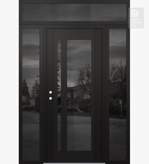 Modern Steel Front Door Diamond C15 64" x 96" black/black mirrored Glass Panel black RHI with 2 Sidelites and Transom mirrored Glass