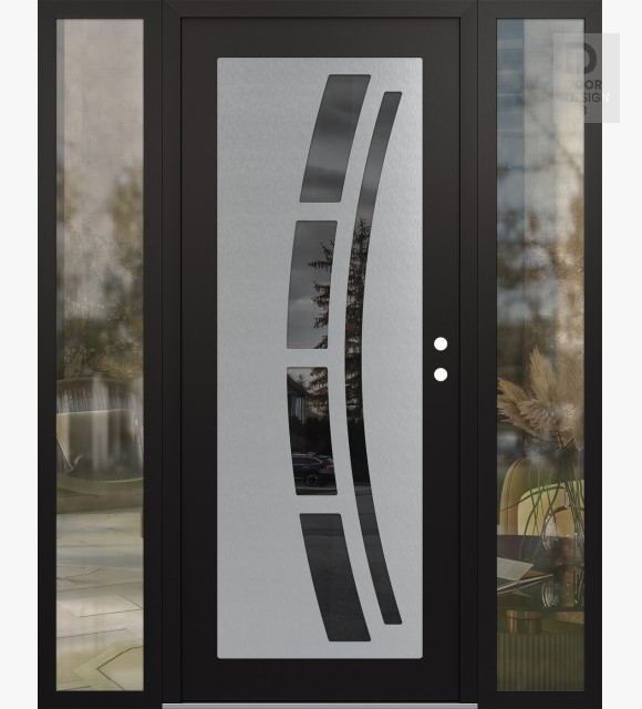 Modern Steel Front Door Diamond C12 60" x 80" black/black mirrored Glass Panel stainless steel LHI with 2 Sidelites clear Glass