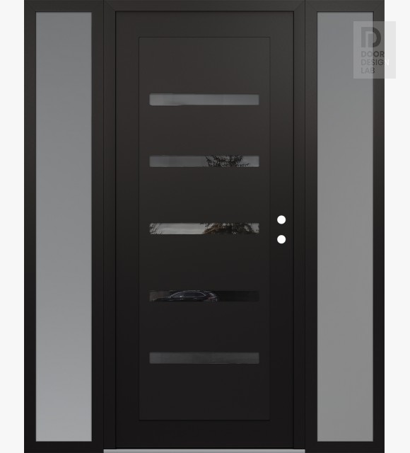 Modern Steel Front Door Diamond C7 60" x 80" black/black mirrored Glass Panel black LHI with 2 Sidelites frosted Glass