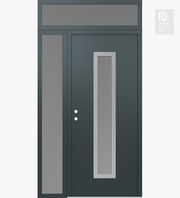 Modern Steel Front Door DIAMOND A11 52" X 96" ANTHRACITE/ANTHRACITE FROSTED GLASS PANEL STAINLESS STEEL RHI WITH SIDELITE AND TRANSOM FROSTED GLASS