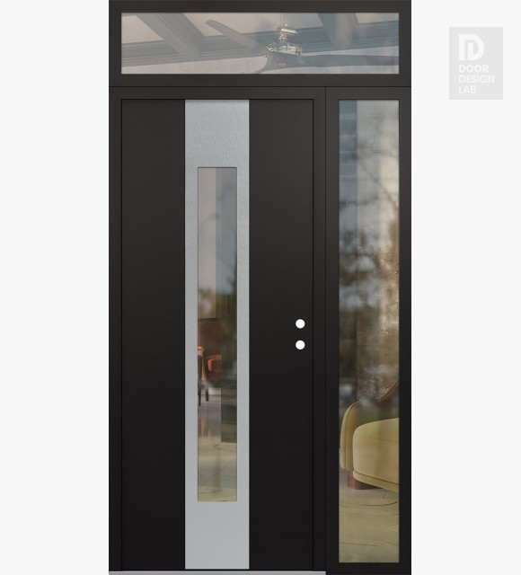 Modern Steel Front Door DIAMOND A1 48" X 96" BLACK/BLACK CLEAR GLASS PANEL STAINLESS STEEL LHI WITH SIDELITE AND TRANSOM CLEAR GLASS