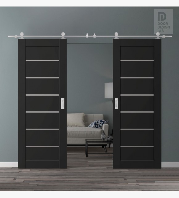 DOUBLE BARN DOOR AVON 07-02 VETRO BLACK MATTE 60" X 80" X 1 3/4" STAINLESS STEEL HARDWARE