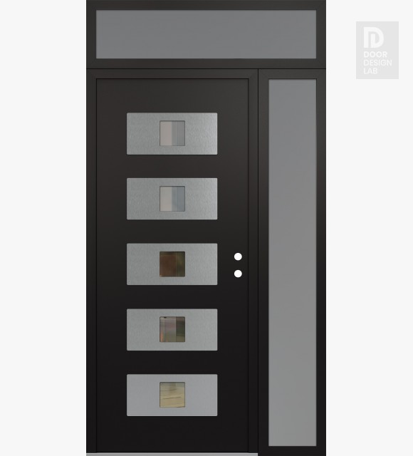 Modern Steel Front Door Diamond D8 50" x 96" black/black clear Glass Panel stainless steel LHI with Sidelite and Transom frosted Glass