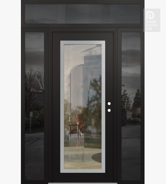 Modern Steel Front Door Diamond C1 64" x 96" black/black clear Glass Panel stainless steel LHI with 2 Sidelites and Transom mirrored Glass
