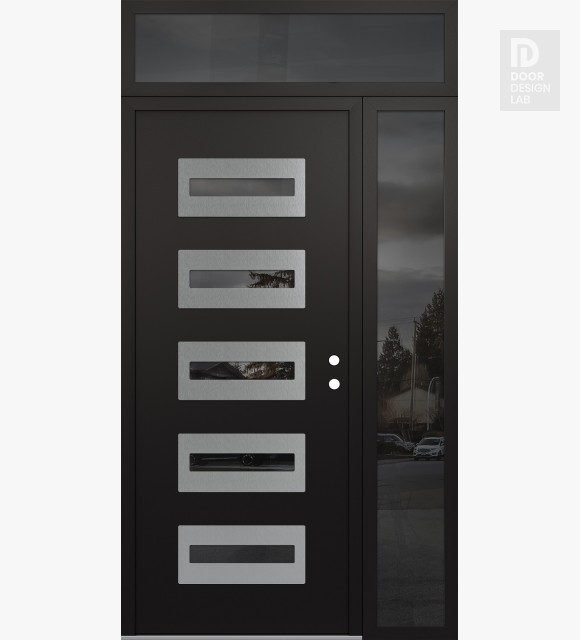Modern Steel Front Door Diamond D4 50" x 96" black/black mirrored Glass Panel stainless steel LHI with Sidelite and Transom mirrored Glass
