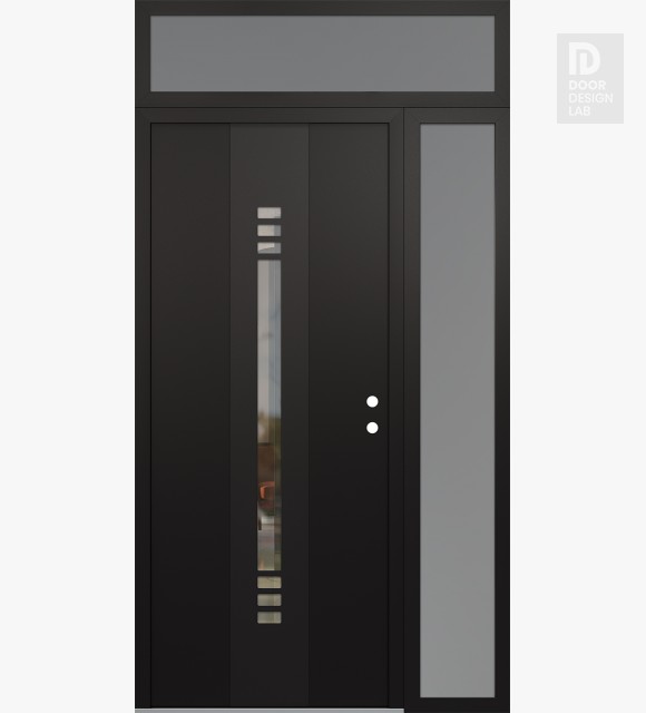 Modern Steel Front Door DIAMOND A5 52" X 96" BLACK/BLACK CLEAR GLASS PANEL BLACK LHI WITH SIDELITE AND TRANSOM FROSTED GLASS