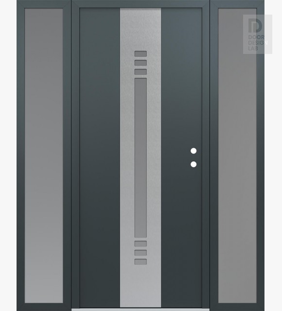 Modern Steel Front Door DIAMOND A5 64" X 80" ANTHRACITE/ANTHRACITE FROSTED GLASS PANEL STAINLESS STEEL LHI WITH 2 SIDELITES FROSTED GLASS