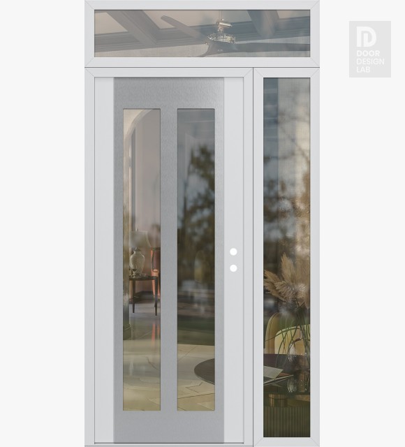 Modern Steel Front Door Diamond C14 48" x 96" white/white clear Glass Panel stainless steel LHI with Sidelite and Transom clear Glass