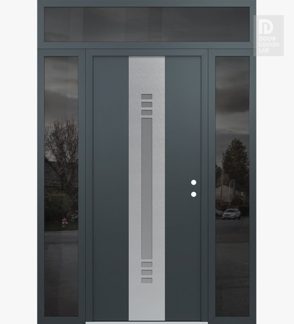 Modern Steel Front Door DIAMOND A5 60" X 96" ANTHRACITE/ANTHRACITE FROSTED GLASS PANEL STAINLESS STEEL LHI WITH 2 SIDELITES AND TRANSOM MIRRORED GLASS