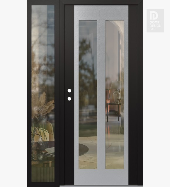 Modern Steel Front Door Diamond C14 52" x 80" black/black clear Glass Panel stainless steel RHI with Sidelite clear Glass