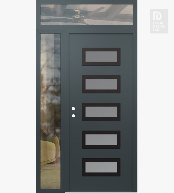 Modern Steel Front Door Diamond D1 50" x 96" anthracite/anthracite frosted Glass Panel black RHI with Sidelite and Transom clear Glass
