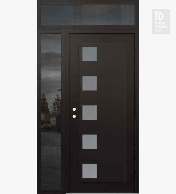 Modern Steel Front Door Diamond C5 52" x 96" black/white frosted Glass Panel black RHI with Sidelite and Transom mirrored Glass
