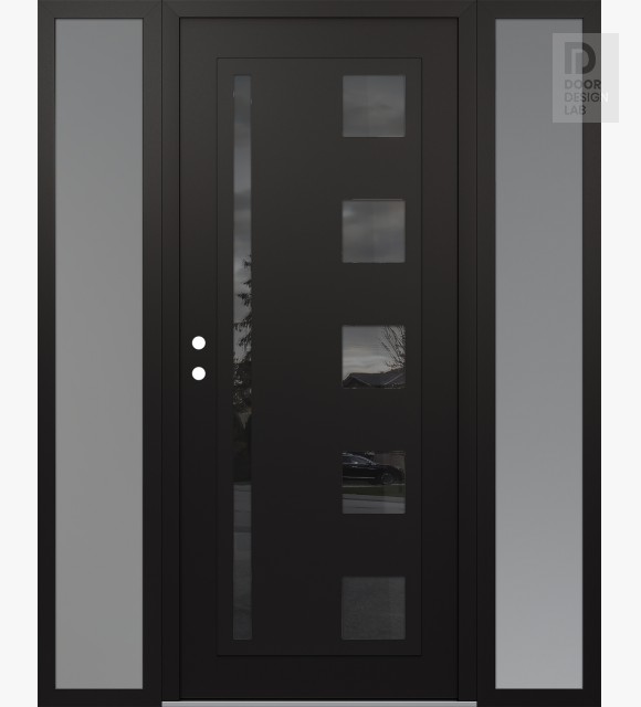 Modern Steel Front Door Diamond C3 68" x 80" black/black mirrored Glass Panel black RHI with 2 Sidelites frosted Glass