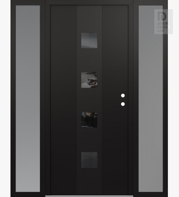 Modern Steel Front Door DIAMOND A12 64" X 80" BLACK/BLACK MIRRORED GLASS PANEL BLACK LHI WITH 2 SIDELITES FROSTED GLASS
