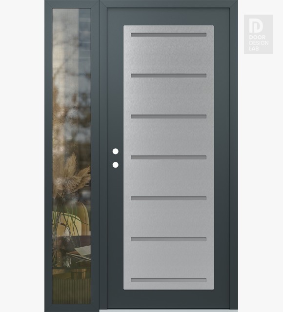 Modern Steel Front Door Diamond C11 52" x 80" anthracite/anthracite frosted Glass Panel stainless steel RHI with Sidelite clear Glass