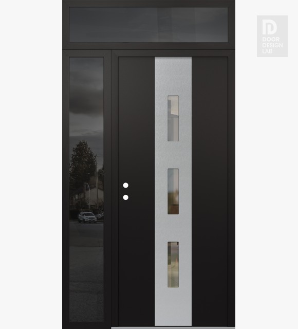 Modern Steel Front Door DIAMOND A7 50" X 96" BLACK/BLACK CLEAR GLASS PANEL STAINLESS STEEL RHI WITH SIDELITE AND TRANSOM MIRRORED GLASS