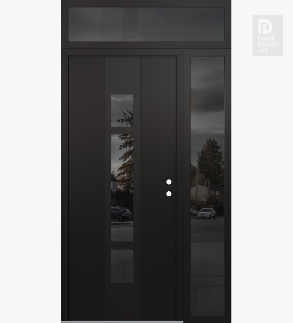 Modern Steel Front Door DIAMOND A9 52" X 96" BLACK/BLACK MIRRORED GLASS PANEL BLACK LHI WITH SIDELITE AND TRANSOM MIRRORED GLASS